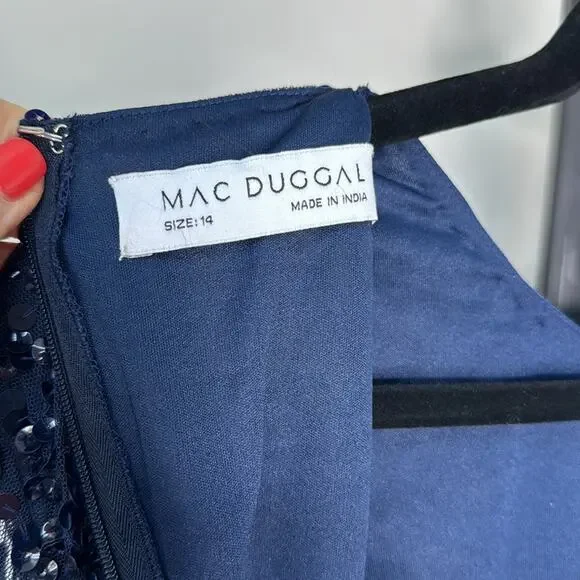 NWT MAC DUGGAL 10802 Navy Fully Sequined Ruffle Tiered 3/4 Sleeve Midi Dress - Picture 3 of 14